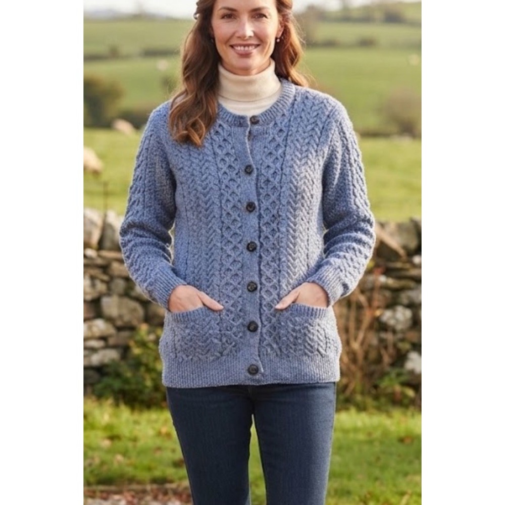 Shannon Woolen Mills Blue Cable Knit Irish Wool Cardigan Sweater Womens Sz M